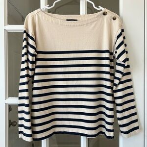 J Crew Women Navy Blue Striped Long Sleeve Top with Button Detail Size Small